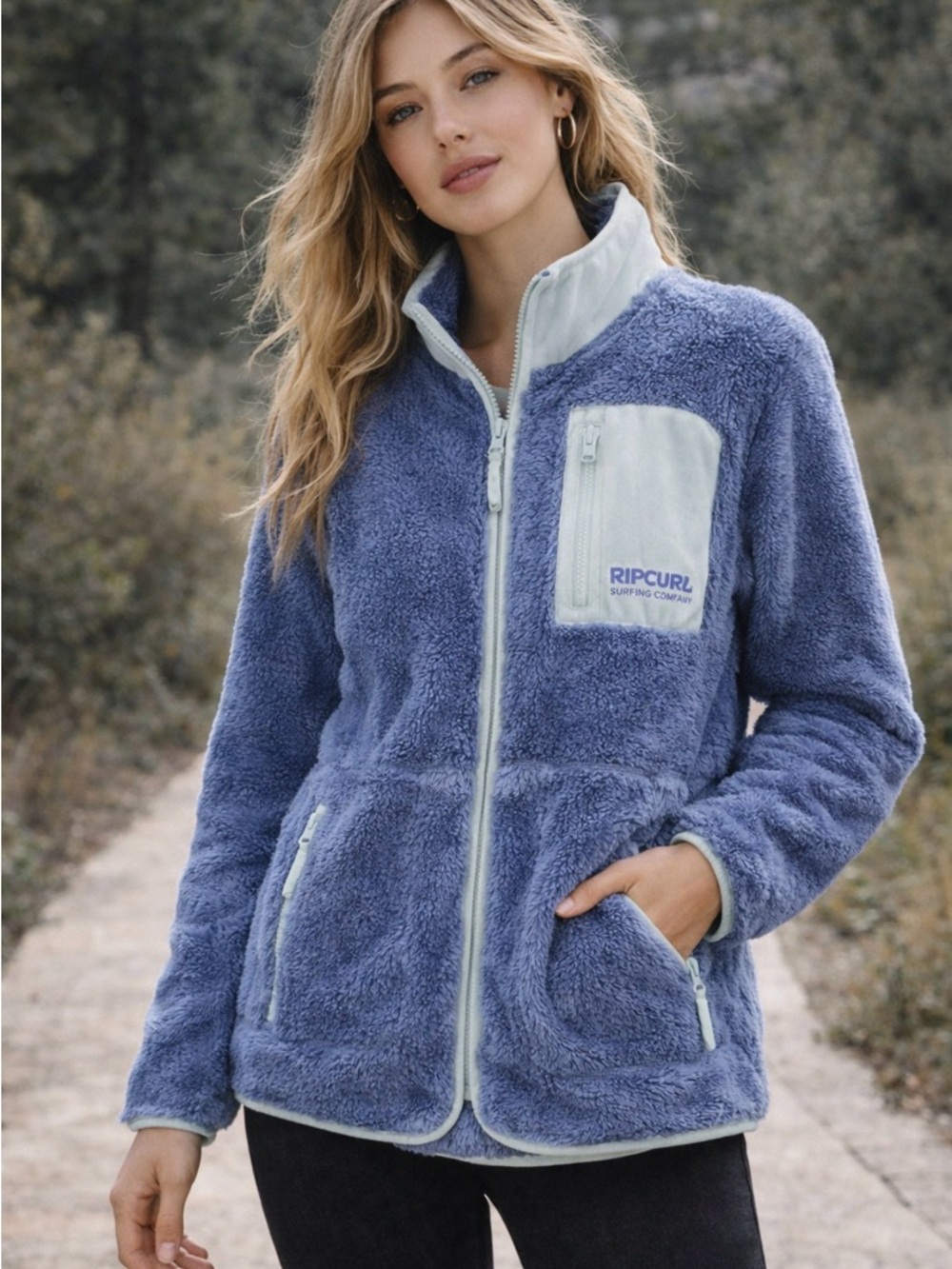 Rip Curl Sherpa Fleece Jacket Blue Full Zip Surf Cozy Women’s Size L NWT